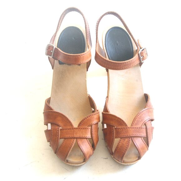 Size 7 (37) - SWEDISH HASBEENS Women's Tan Leather Peep Toe Heel Clog Sandals - Picture 6 of 7